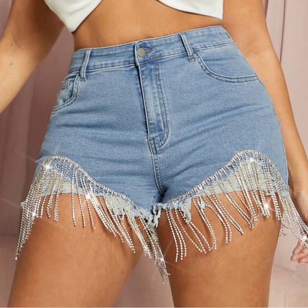 Rhinestone fringe denim shorts